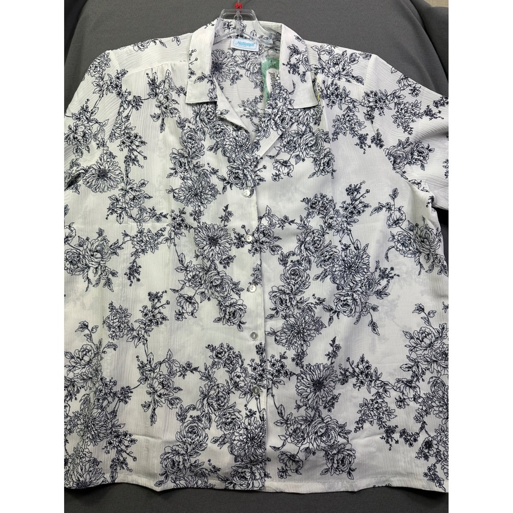 National Women 2X Floral Button Down Blouse Black White Short Sleeve Top 22968